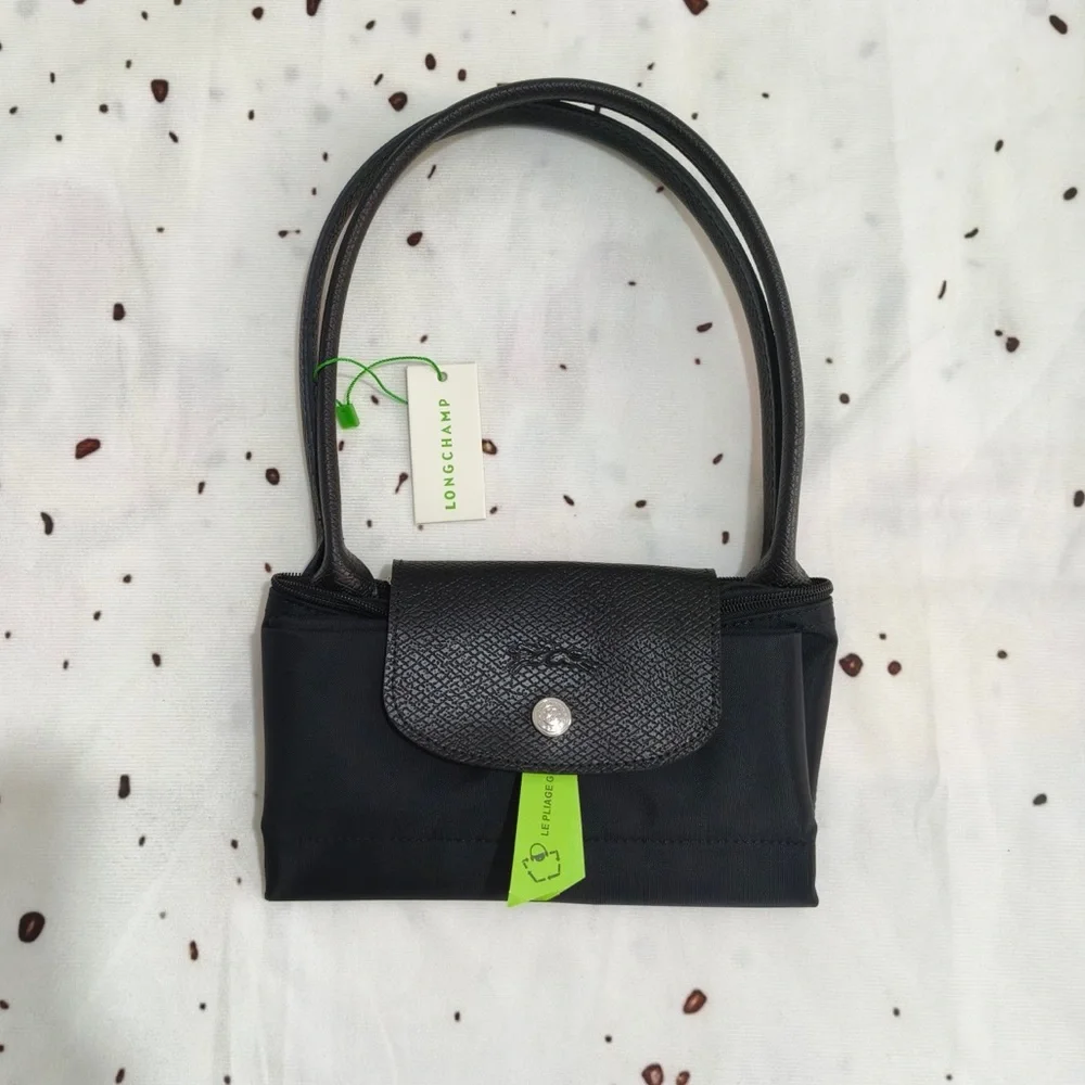 Longchamp Black Tote with Neon Green Trim